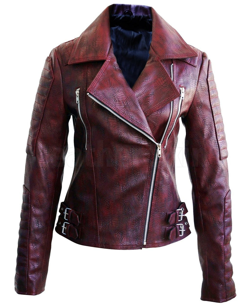 Snake Leather Distressed Pattern Women Dark Maroon Red Leather Jacket ...