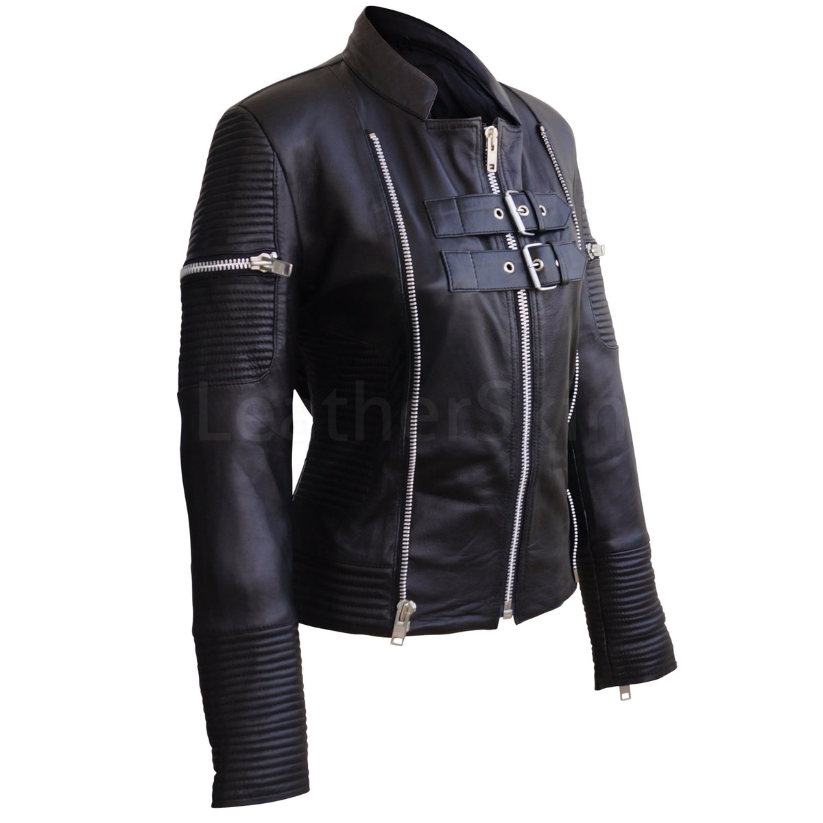Women Black Sheep Skin Rib Quilted Genuine Leather Jacket - Leather ...
