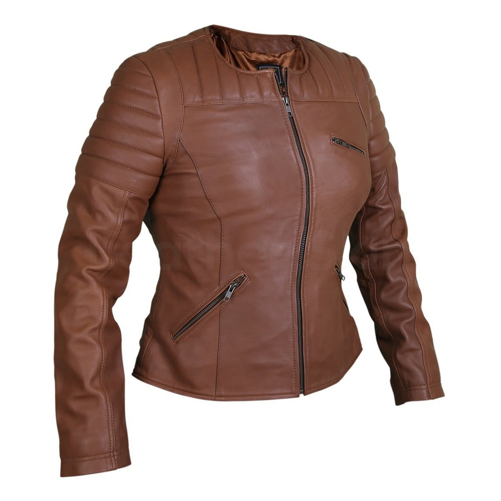 Women Brown Collarless Quilted Padded 