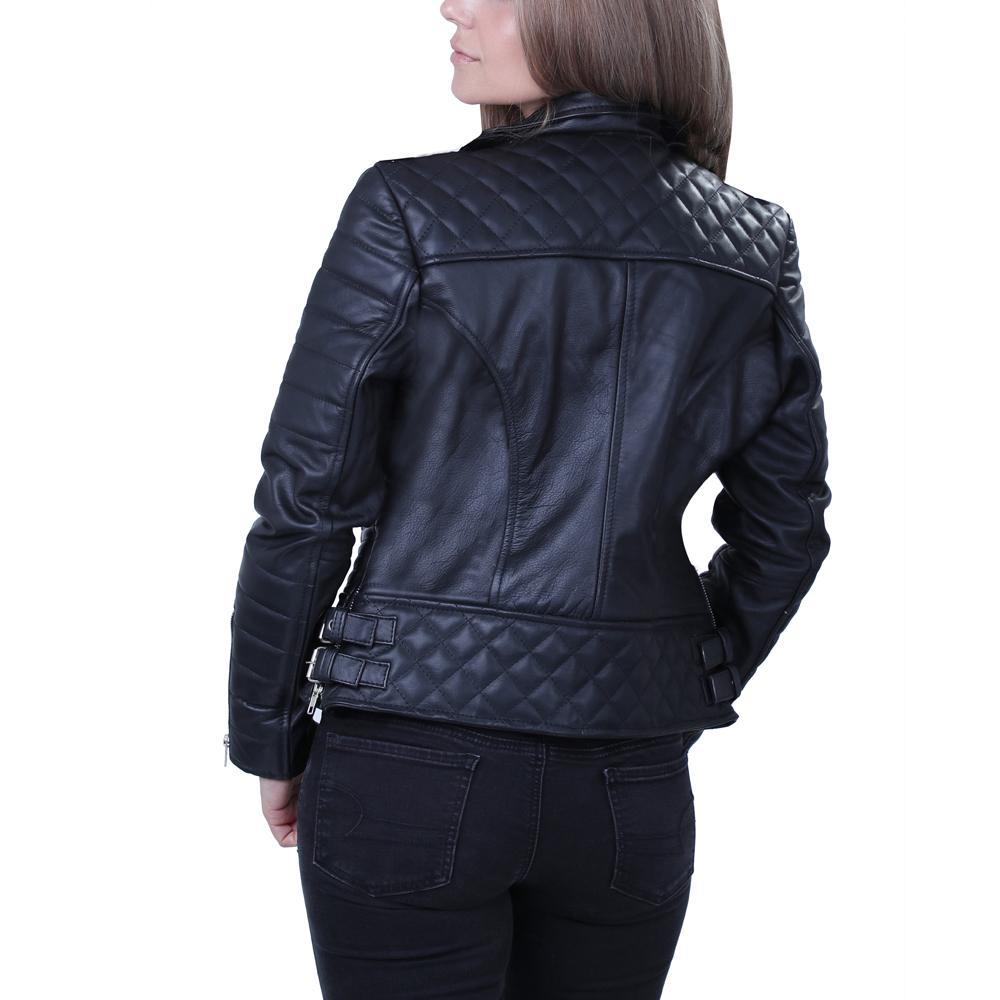 Women Ebony Quilted Black Biker Leather Jacket - Leather Skin Shop