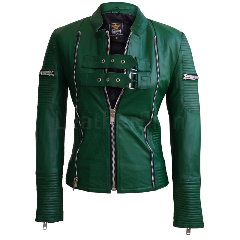 Women Green Sheep Skin Rib Quilted Genuine Leather Jacket - Leather ...