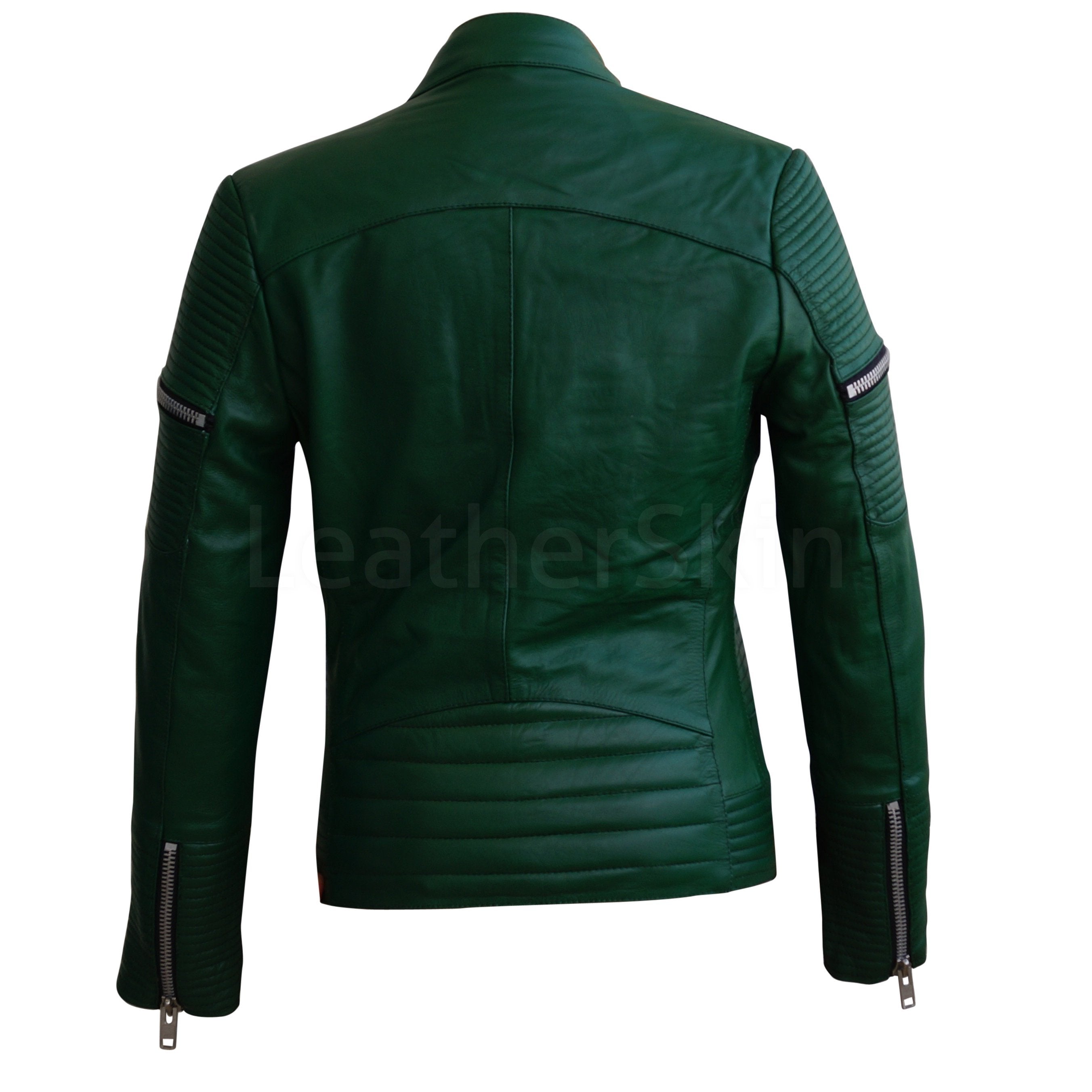 Women Green Sheep Skin Rib Quilted Genuine Leather Jacket Leather