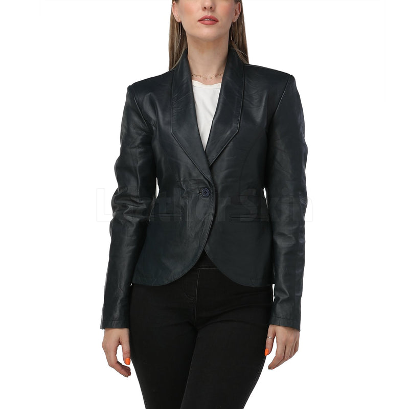 Women Navy Blue Leather Blazer - Leather Skin Shop