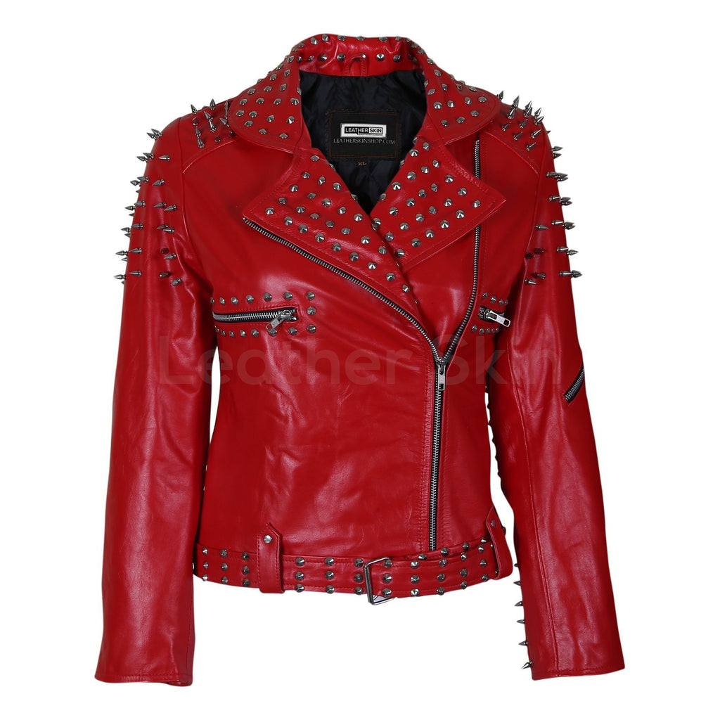 Women Red Leather Jacket with Cone and Tree Spike Studs – Leather Skin Shop