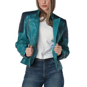 Women Teal Leather Jacket