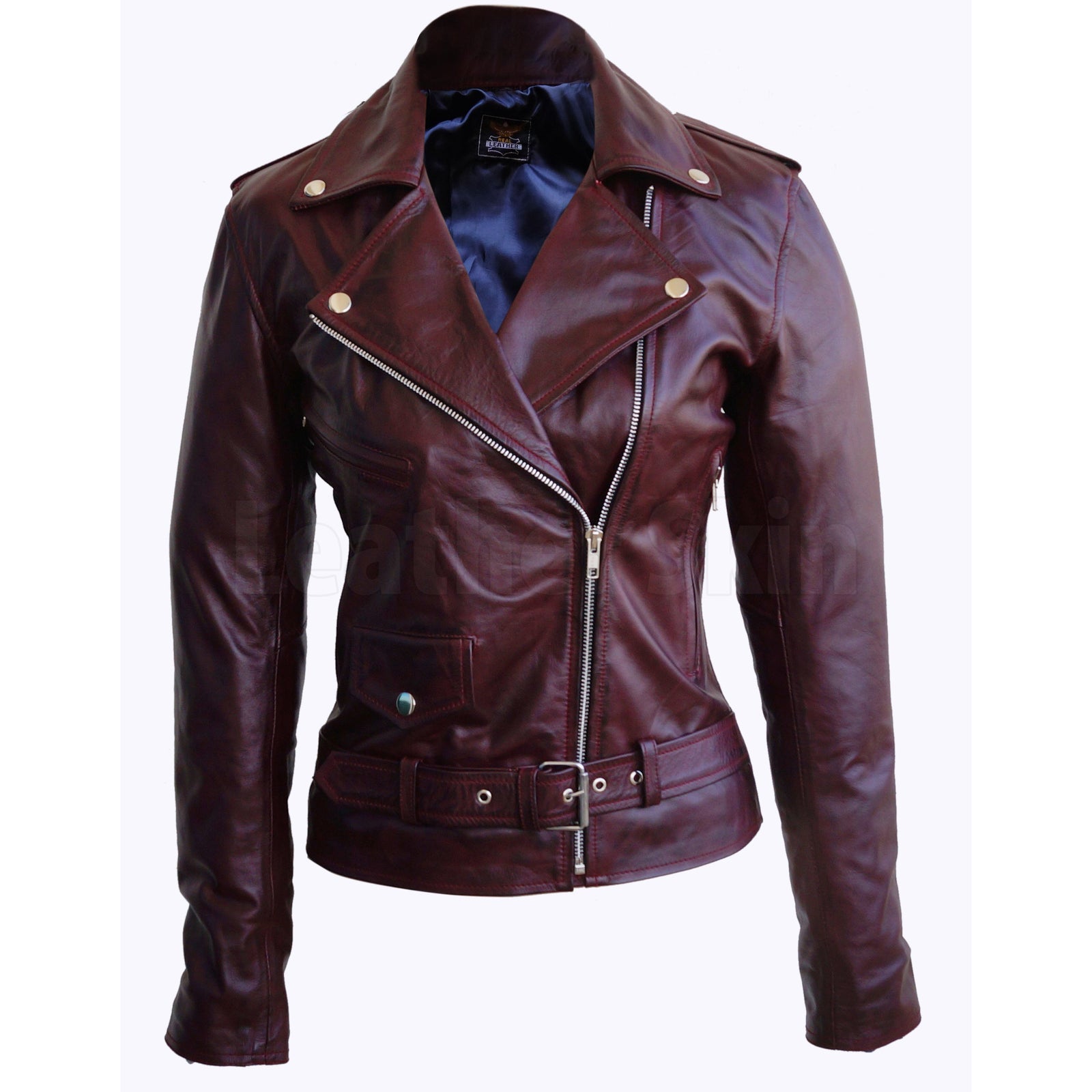 Women White Leather Jacket with Cone Tree Spikes - Leather Skin Shop