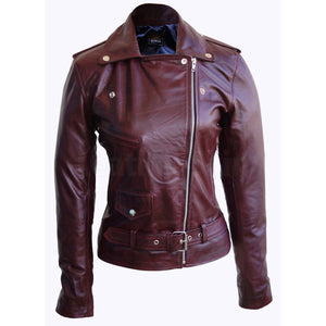 Women Distressed Red Brando Belted Sheep Leather Jacket with Epaulette ...
