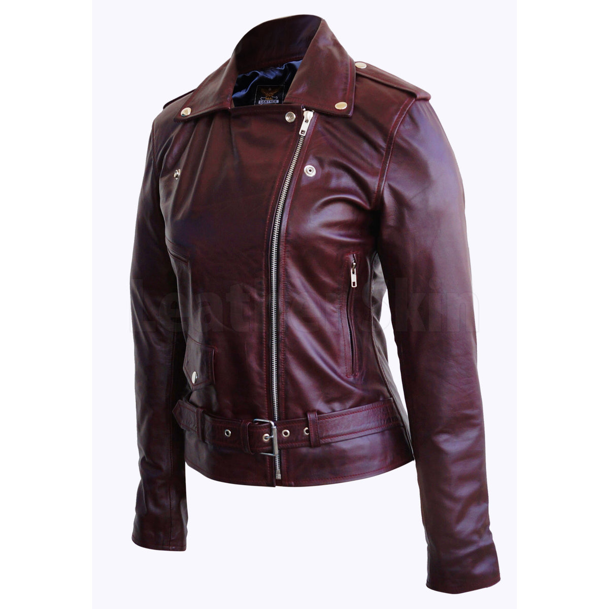 Women Distressed Red Brando Belted Sheep Leather Jacket with Epaulette ...
