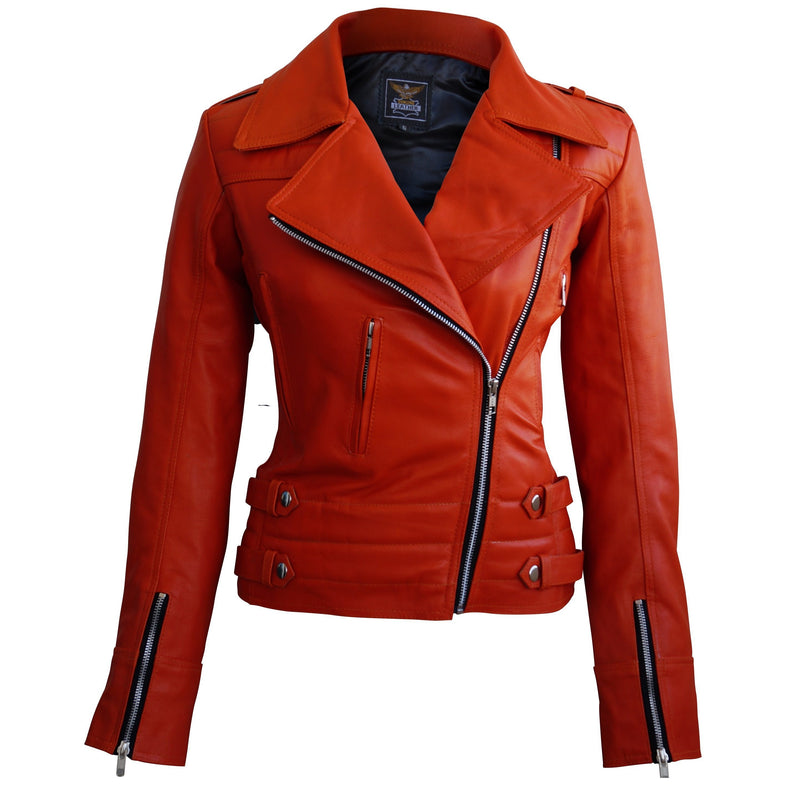 Leather Skin Women Orange Brando Genuine Leather Jacket - Leather Skin Shop