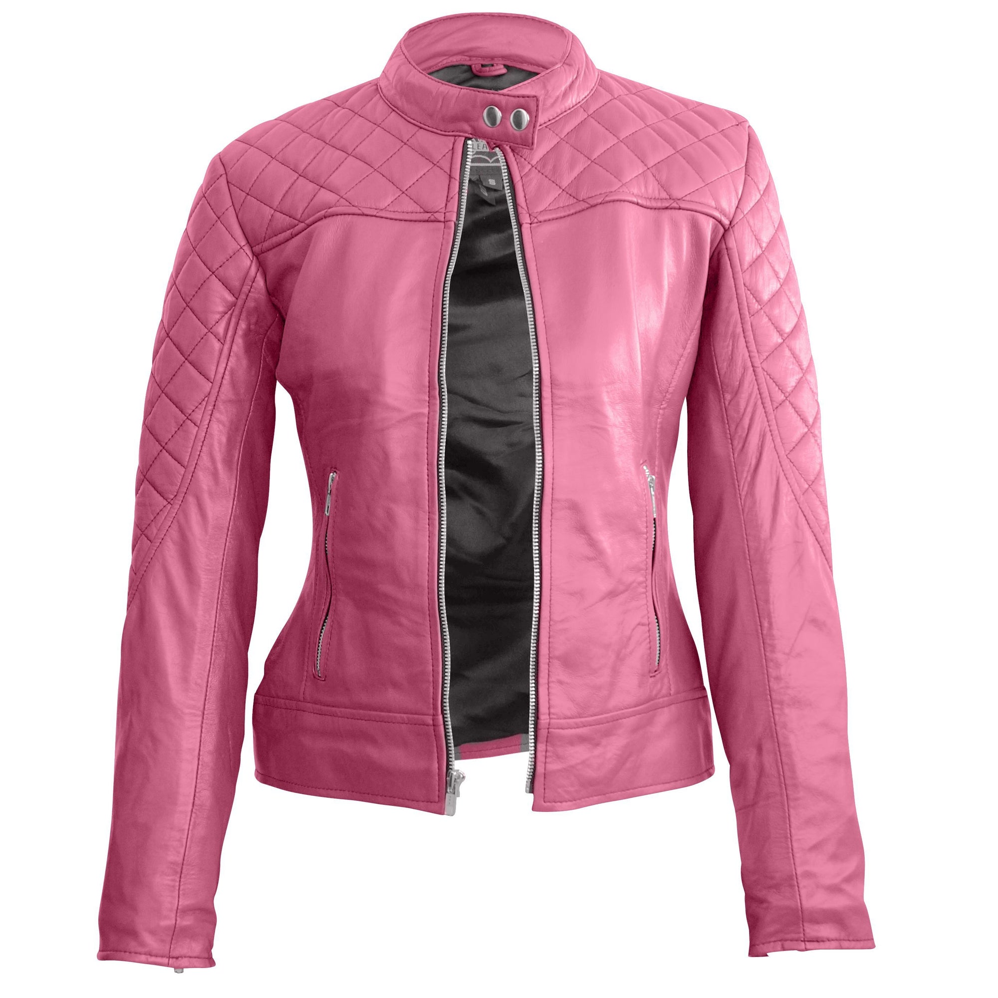 Home / Products / Leather Skin Women Pink Quilted Genuine Leather Jacket