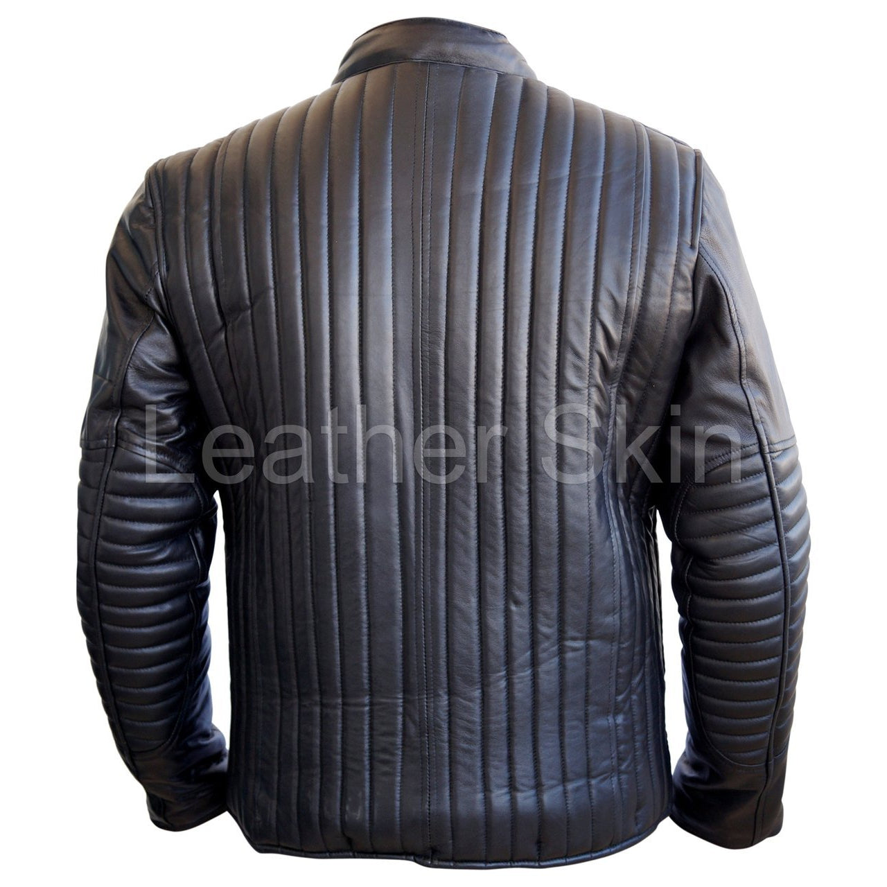 Leather Skin Men Black Rib Quilted Genuine Leather Jacket