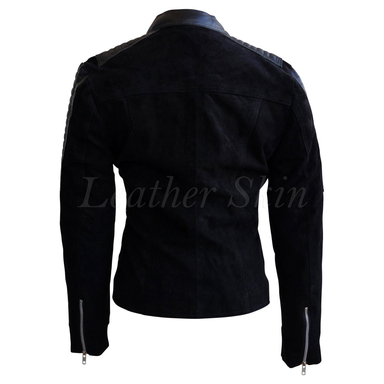 Leather Skin Women Black Brando Suede Sleeve Shoulder Padded Leather Jacket