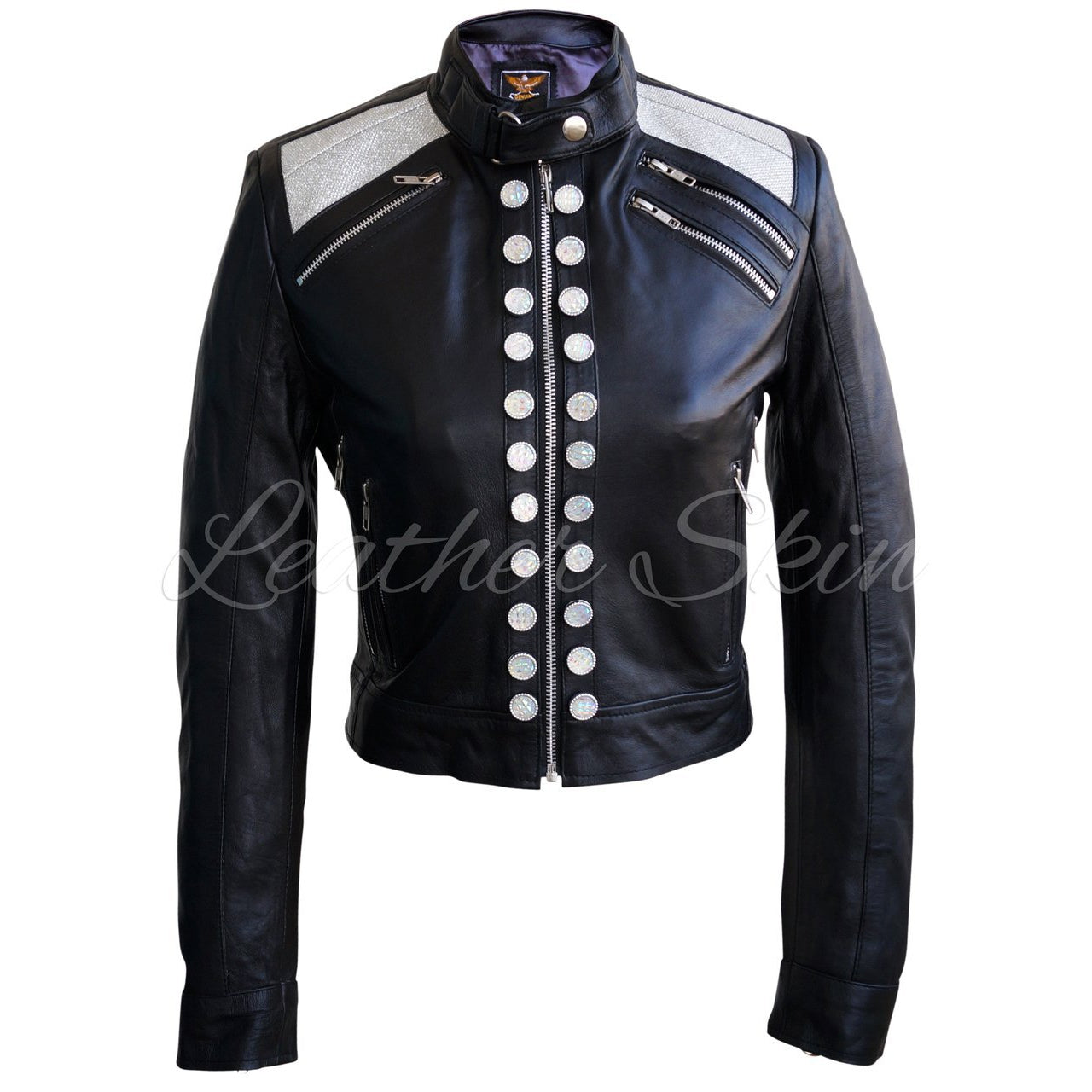 Leather Skin Women Black Leather Jacket with Diamond White Buttons