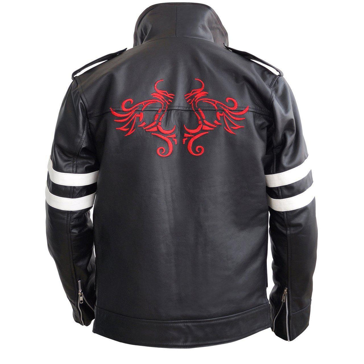 Leather Skin Black Leather Jacket with White Stripes and Dragon Embroi ...
