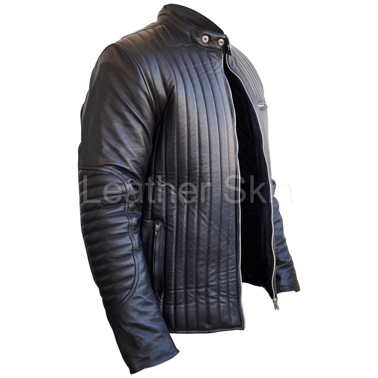 Leather Skin Men Black Rib Quilted Genuine Leather Jacket