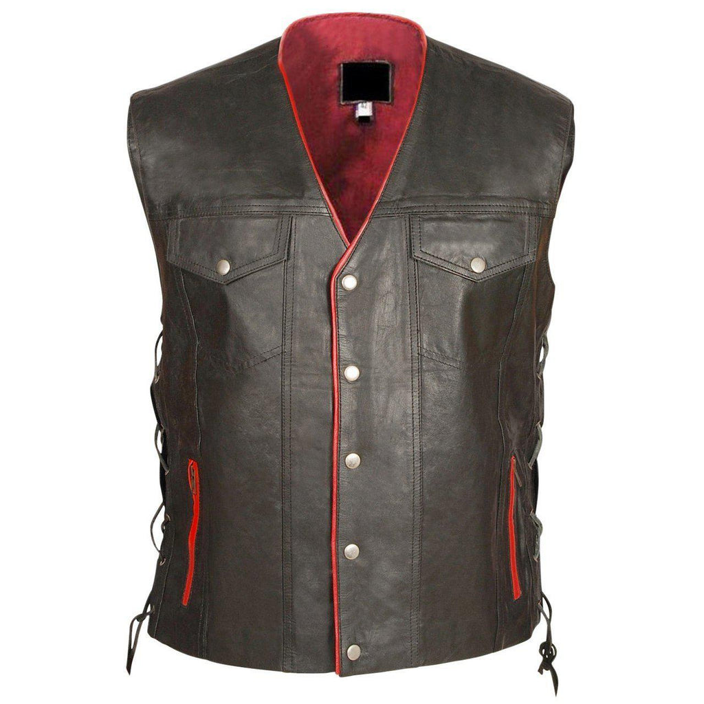 Mens Black Genuine Leather Vest with Red Lining - Leather Skin Shop
