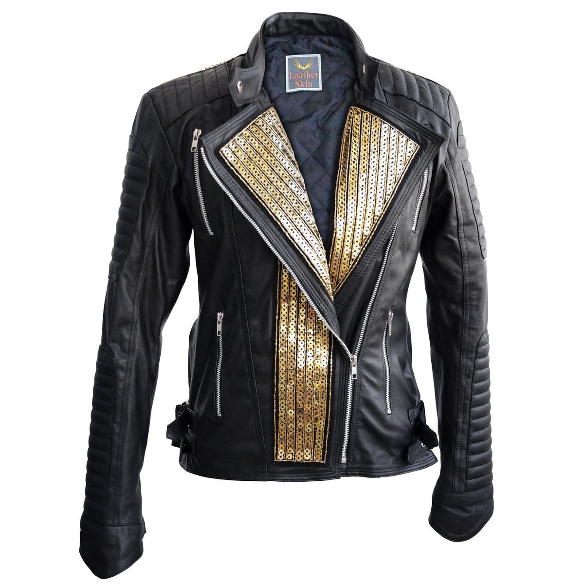 Leather Skin Women Black Genuine Leather Jacket with Gold Stars ...