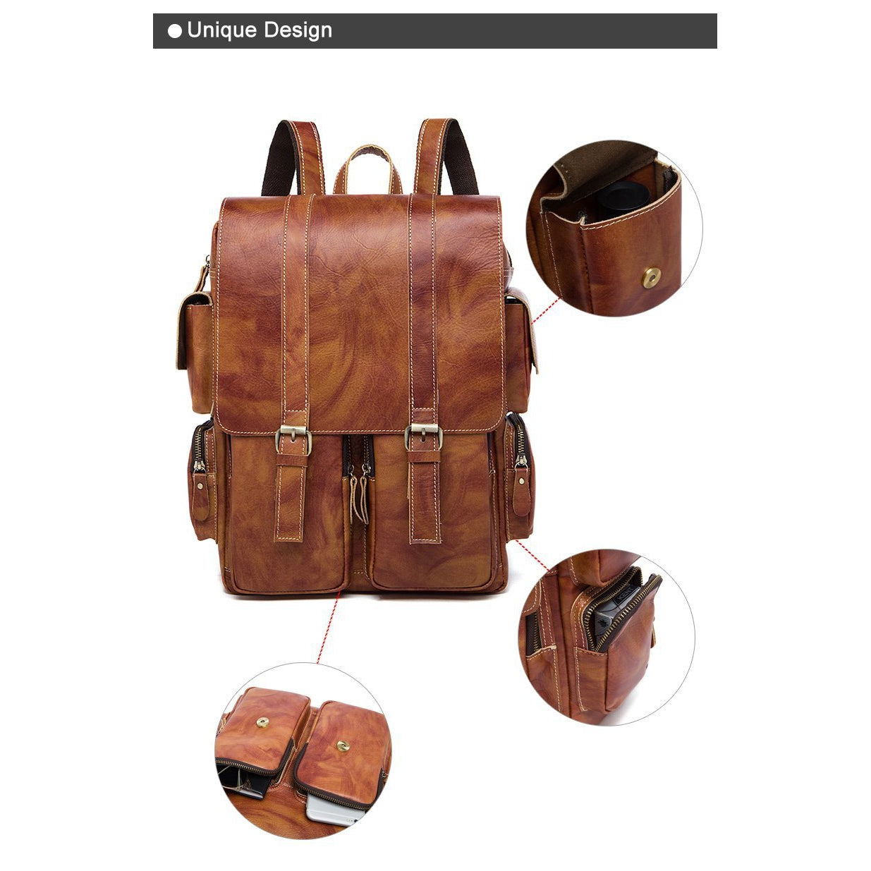 Men Multi-purpose and Spacious Distressed Brown Genuine Leather Backpa ...