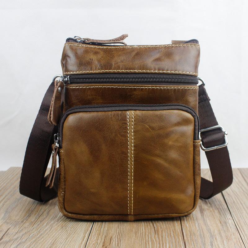 Men Crossbody Messenger Cow Leather Bag with Zipper Pockets - Leather ...