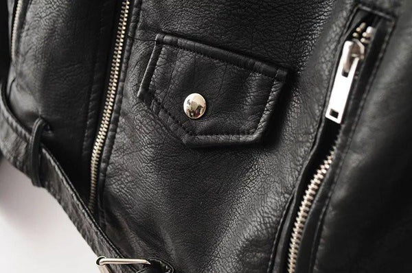 Women Black Brando Belted Leather Jacket with Shoulder Epaulettes ...