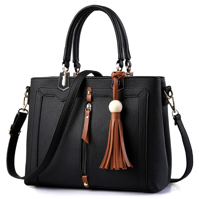 Women High Quality Faux-Leather Bag with Brown Grab Handles and Black- -  Leather Skin Shop