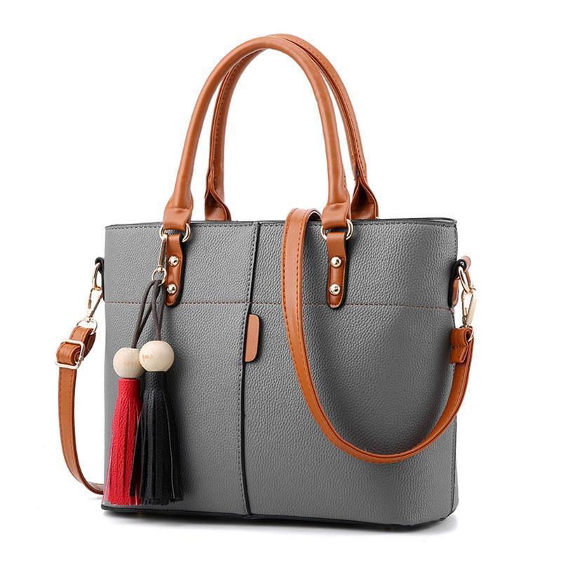 Women High Quality Faux-Leather Bag with Brown Grab Handles and Black ...
