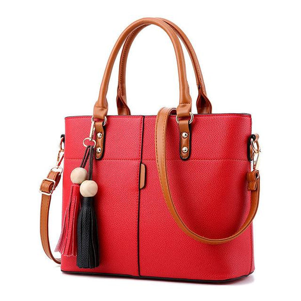 Women High Quality Faux-Leather Bag with Brown Grab Handles and Black ...