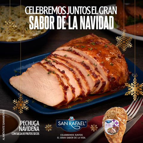 CELEBREMOS JUNTOS EL GRAN SABOR DE LA NAVIDAD  CON LOS TRADICIONALES PRODUCTOS NAVIDEÑOS SAN RAFAEL      La marca invita a disfrutar la Pechuga Navideña con Salsa de Frutos Secos, además de las tradicionales Pierna Navideña Ahumada y Pierna Navideña Rellena.     También ofrece Salami Estilo Italiano y Jamón Serrano, ideales como entradas, botanas y complementos de platillos.     San Rafael lanza una emotiva campaña navideña dedicada a las familias mexicanas.        Ciudad de México, diciembre de 2021. San Rafael, marca premium de carnes frías, invita a los consumidores a celebrar esta Navidad, que marcará el reencuentro de muchas familias y amigos, disfrutando sus tradicionales productos de temporada:     ·      Pechuga Navideña con Salsa de Frutos Secos  o   Elaborada con 100% pechuga de pavo y, al ser un producto precocido, está lista para disfrutarse. Puede encontrarse a nivel nacional en tiendas de autoservicio y clubes de precio como Sam’s Club.  ·      Pierna Ahumada Navideña y Pierna Rellena Navideña  o   Elaboradas con pierna de cerdo, tiene un sabor ligeramente ahumado y condimentado. La Pierna Rellena está rellena de ciruela pasa, pistaches y almendras. Pueden encontrarse en tiendas de autoservicio.  Son ideales como regalo o para disfrutar en casa durante la cena de Navidad y Año Nuevo.     ·      Salami Estilo Italiano  o   Elaborado con carne de cerdo selecta, rebanado y listo para disfrutarse. Es ideal para disfrutarse solo, en una tabla de quesos o en deliciosas botanas navideñas, pizzas y paninis para tus celebraciones. Puede encontrarse a nivel nacional en tiendas de autoservicio.  ·      Jamón Serrano  o   Elaborado con carne de cerdo selecta reposada y madurada por 12 meses. Rebanado y listo para disfrutarse. Ideal como entrada en reuniones especiales o como complemento en tablas de quesos, baguettes y otros platillos dulces o salados. Puede encontrarse a nivel nacional en tiendas de autoservicio.     Además de ofrecer productos de la más alta calidad para celebrar esta temporada, San Rafael lanza una campaña navideña con un emotivo mensaje dedicado a las familias mexicanas.    El spot puede verse en este link: https://www.youtube.com/watch?v=j1pzxZZu88A -- 