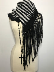 Black and White Striped Scarf with Dread Fringe