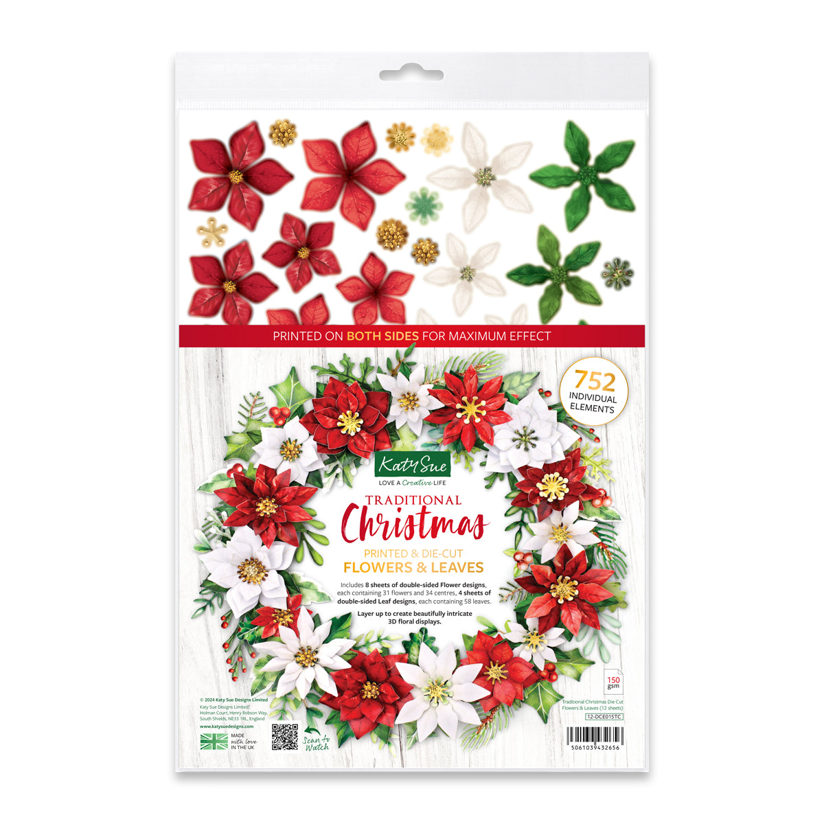 Traditional Christmas Die Cut Flowers & Leaves, 12 sheets - Katy Sue Designs product image