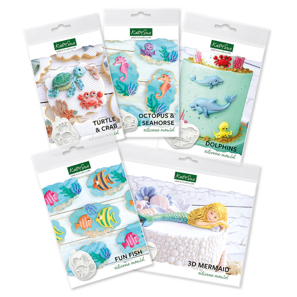 Katy Sue Under the Sea Moulds Collection including 3D Mermaid, Dolphins, Turtle and Crab, Fun Fish, Octopus and Seahorse