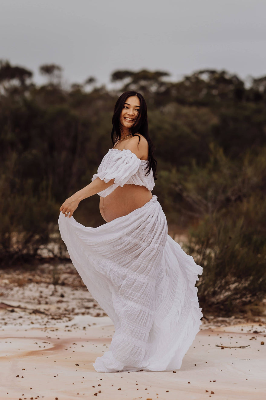 Mama Rentals - White Lotus Tulle Maxi Two Piece Set - Maternity Photoshoot  Dress - Wedding Dress
