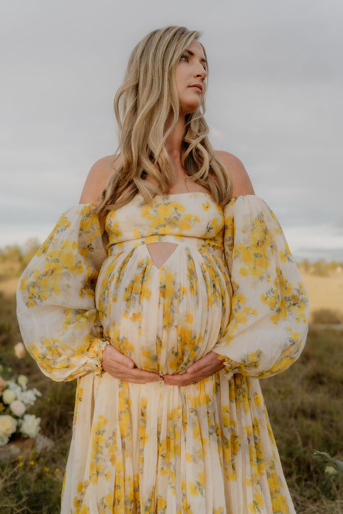 A beautiful pregnant lady wears Mama Rentals' Rooh Collective Poppy Zephyr Maxi Dress at her maternity shoot.