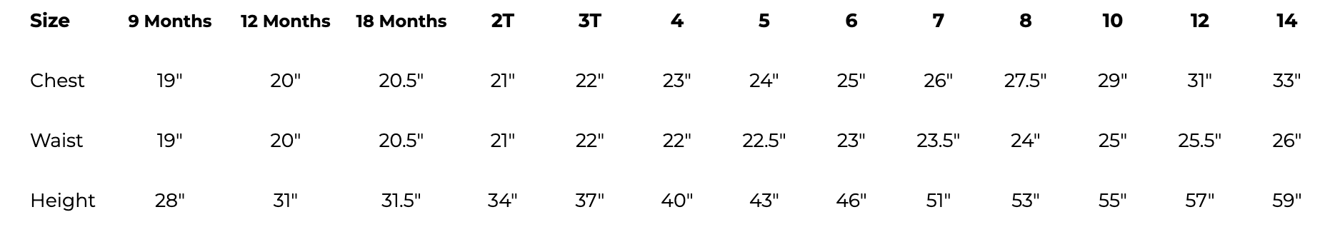 Size Chart for Children's Clothing in Inches
