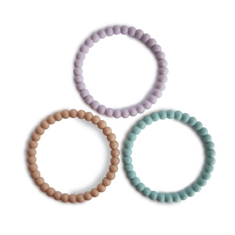 Mushie - Pearl Teething Bracelet 3-Pak Bidering - Lilac/Cyan/Soft Peach