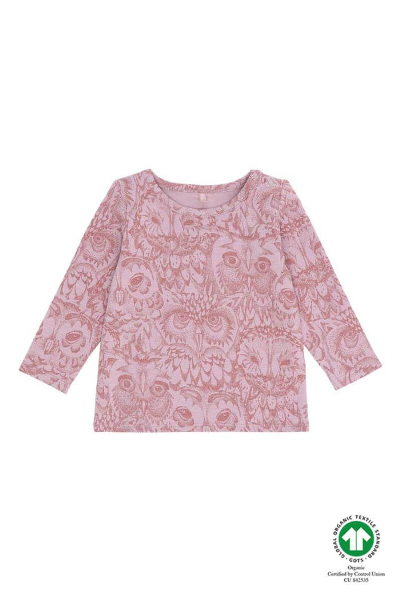 Se Soft Gallery - Baby Bella T-shirt - Mauve Shadows AOP Owl Lavender - 62/3 mdr. hos Lillepip.dk