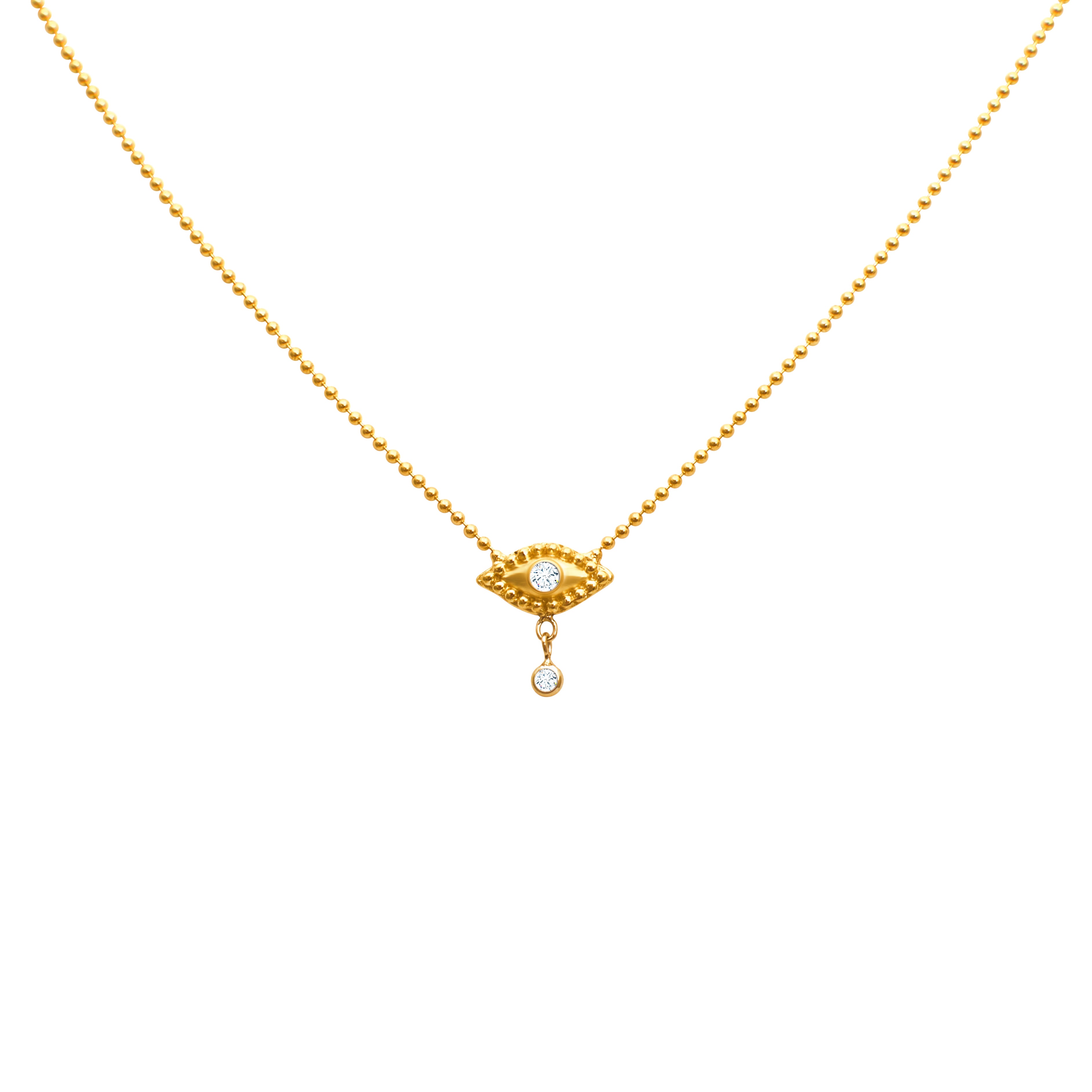 EVIL EYE NECKLACE WITH DANGLING DIAMOND IN 18K YELLOW GOLD