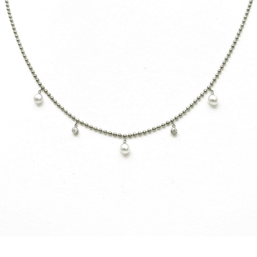DANGLING PEARL AND BEZEL SET DIAMOND NECKLACE, 14K WHITE GOLD
