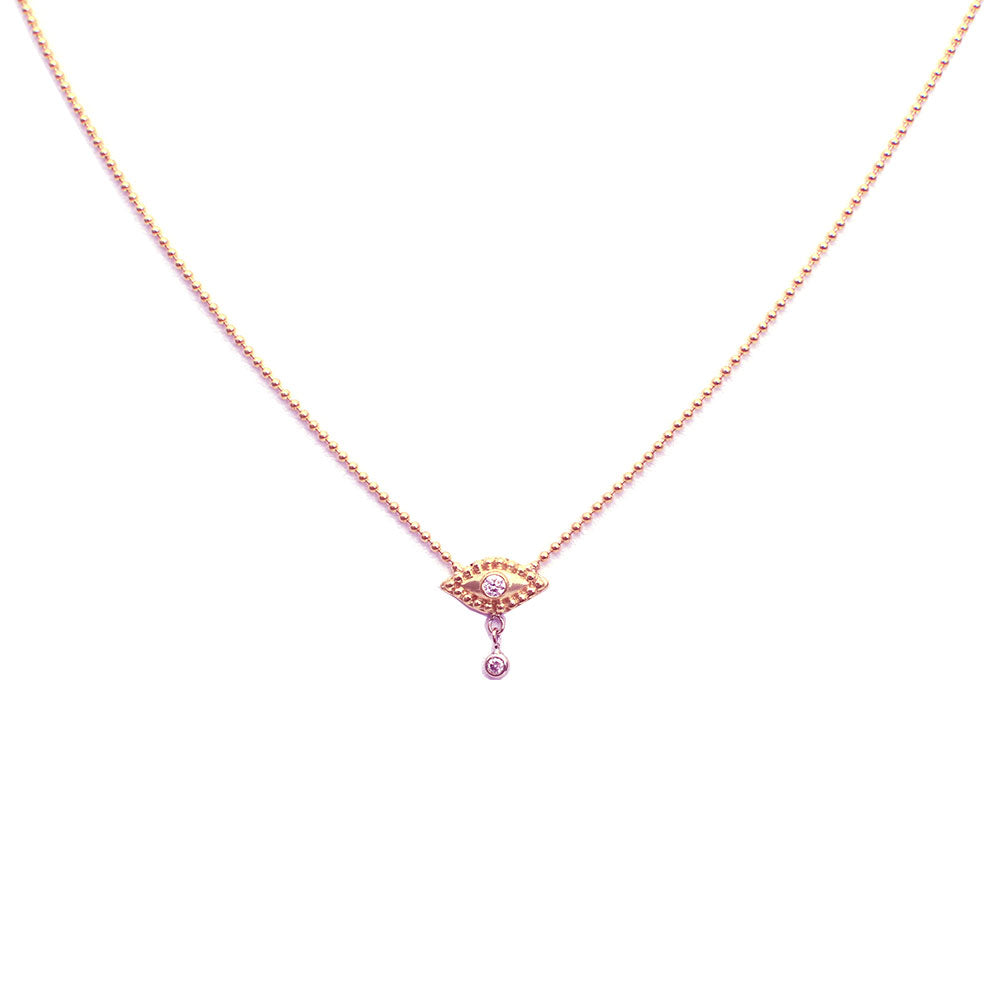 EVIL EYE NECKLACE WITH DANGLING DIAMOND, ROSE GOLD