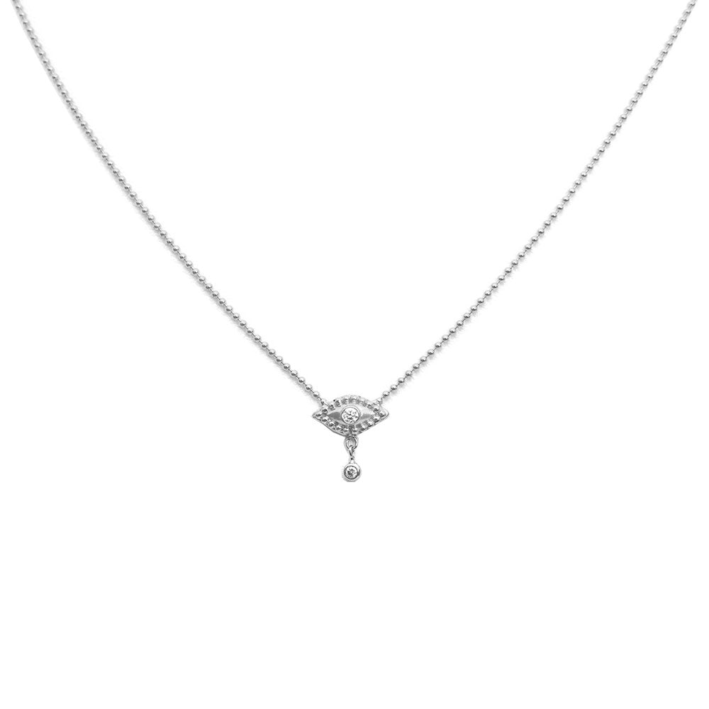 EVIL EYE NECKLACE WITH DANGLING DIAMOND, WHITE GOLD