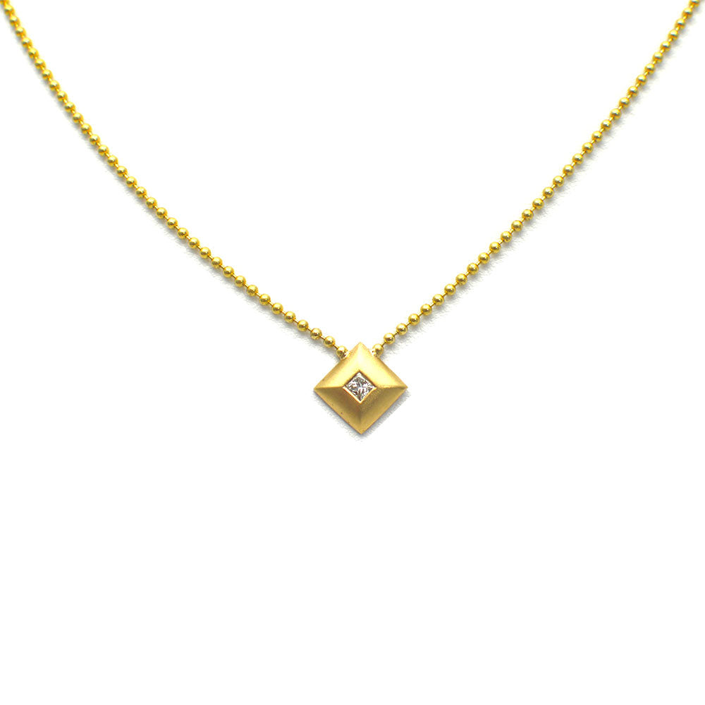 SQUARE PENDANT WITH BURNISHED DIAMOND, 14K YELLOW GOLD