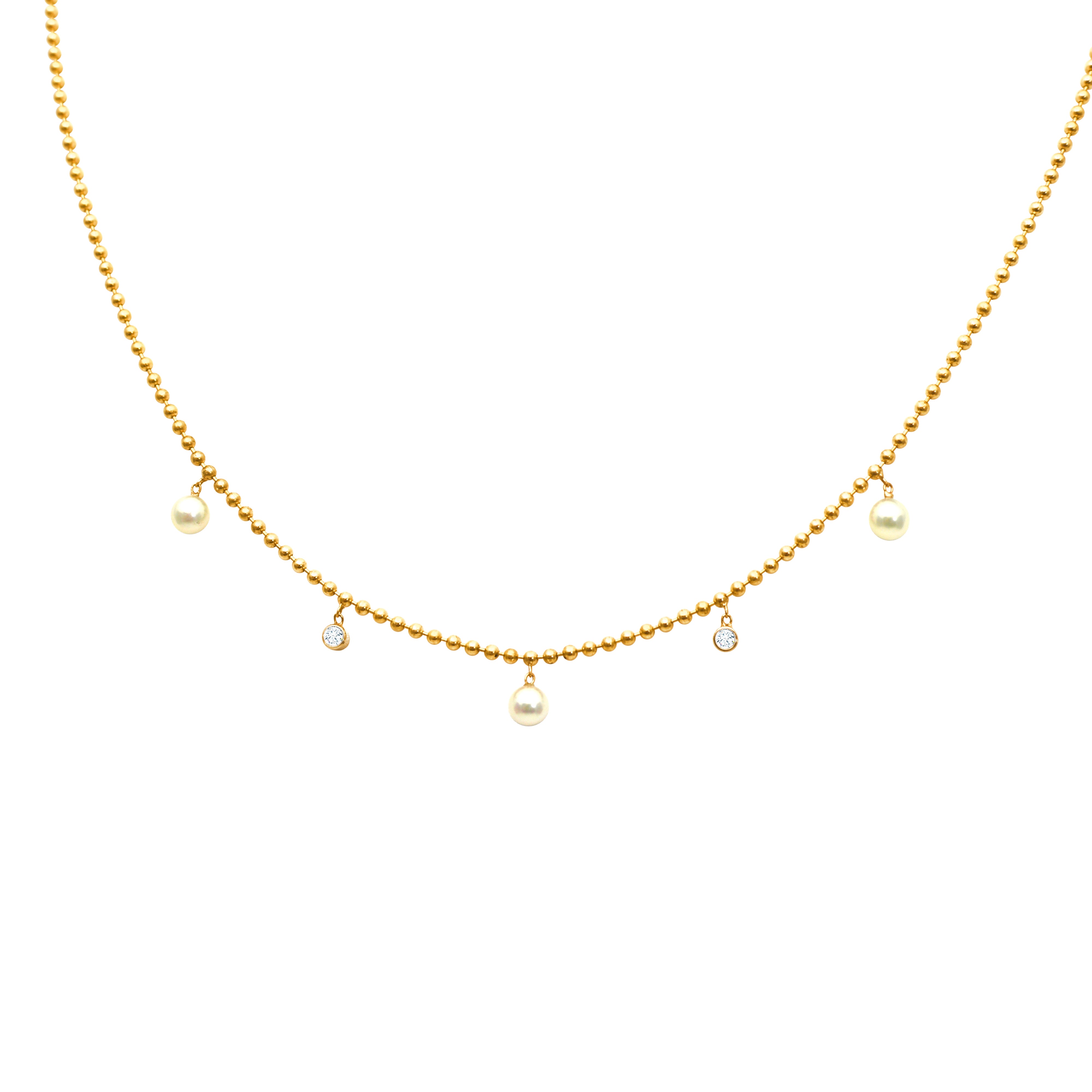 DANGLING PEARL AND BEZEL SET DIAMOND NECKLACE, 14K YELLOW GOLD