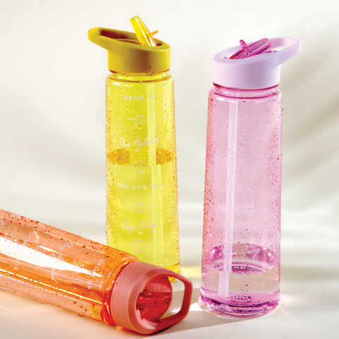 Motivational Water Bottles in Orange, Yellow and Pink with encouragements