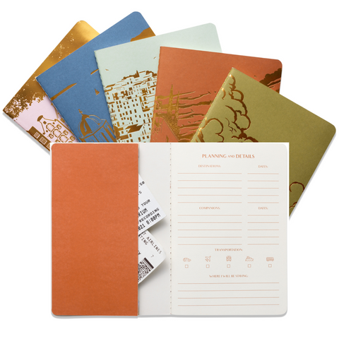 5 colorful travel notebooks with orange travel notebook in front to display the notebook interior with pocket and trip planning page