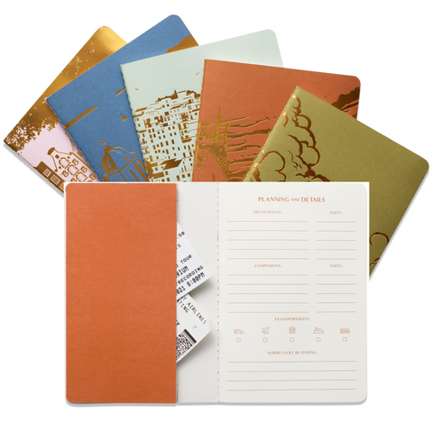 Set of 5 notebooks showing the exterior and interior of the notebook pages and journal pocket
