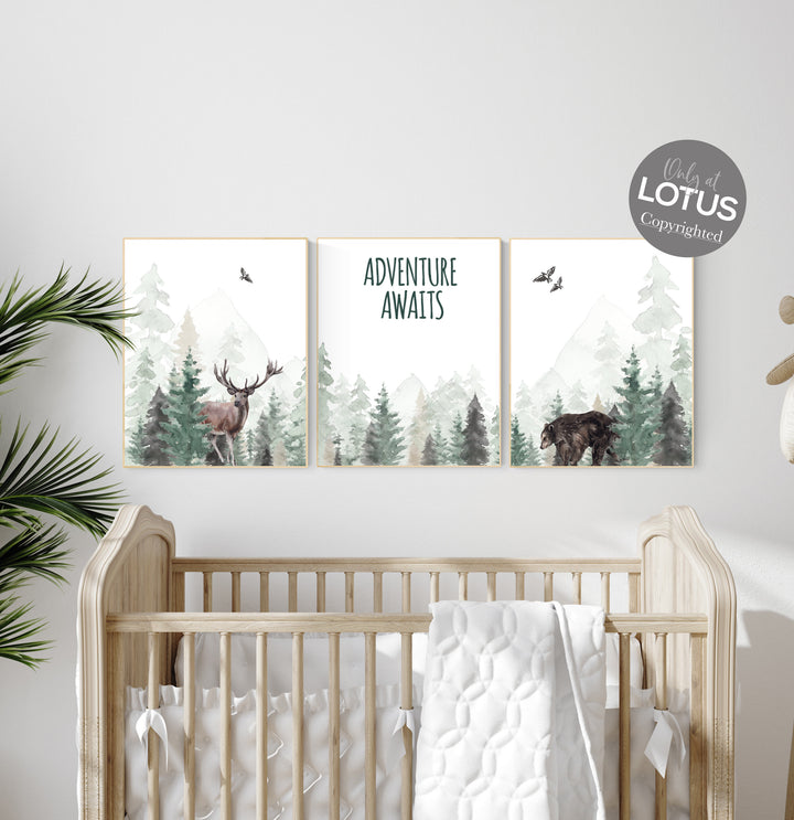 Forest Green Nursery Wall Art Set of three with Name – Wall and Wonder