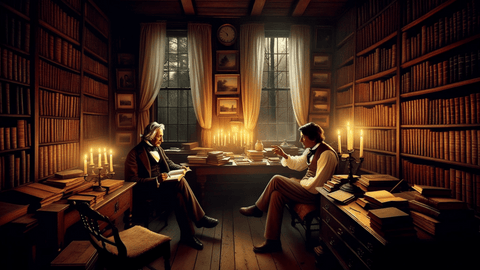 A scene set in a 19th-century study room where Emerson and Thoreau are deeply engrossed in conversation, surrounded by literary works