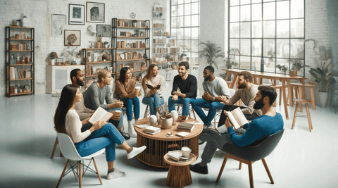 A diverse group of people engaged in a lively book club discussion