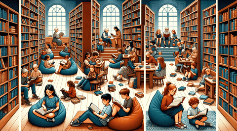 A group of children reading classic books in a library