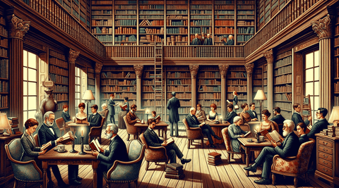 A group of people reading classic books in a library